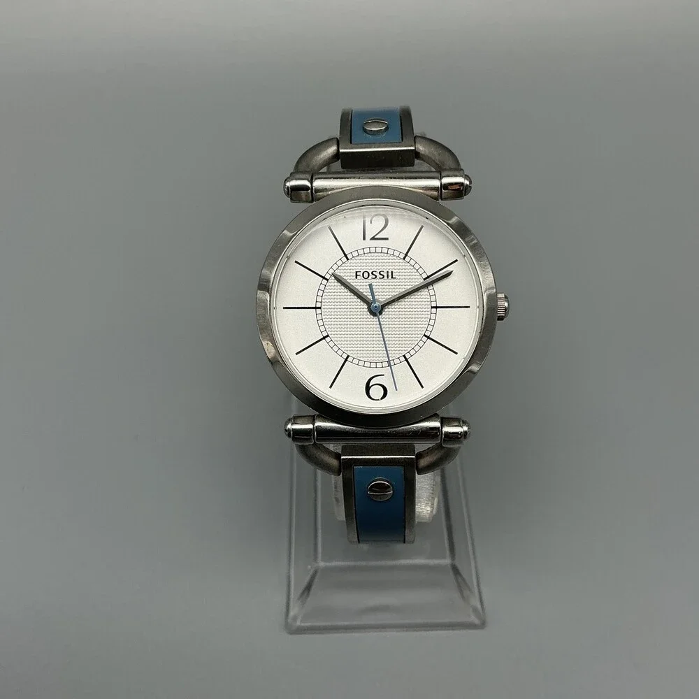 Fossil ES-2471 Womens Watch 30mm Silver Tone Blue Inlay Bangle New Battery 6.5